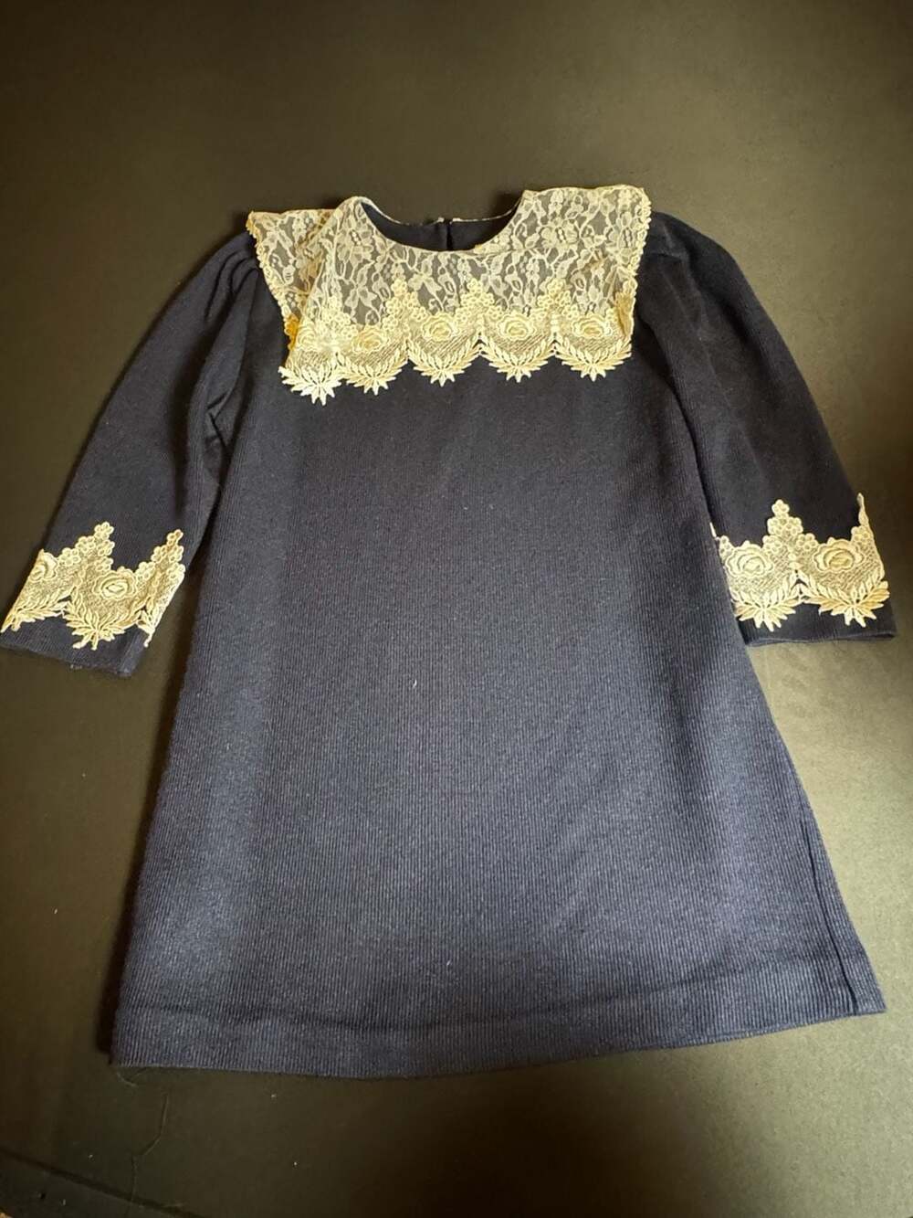 Vintage Jeffrey & Dara Linda Hutley Navy Knit Shift Dress with Large Ecru Lace